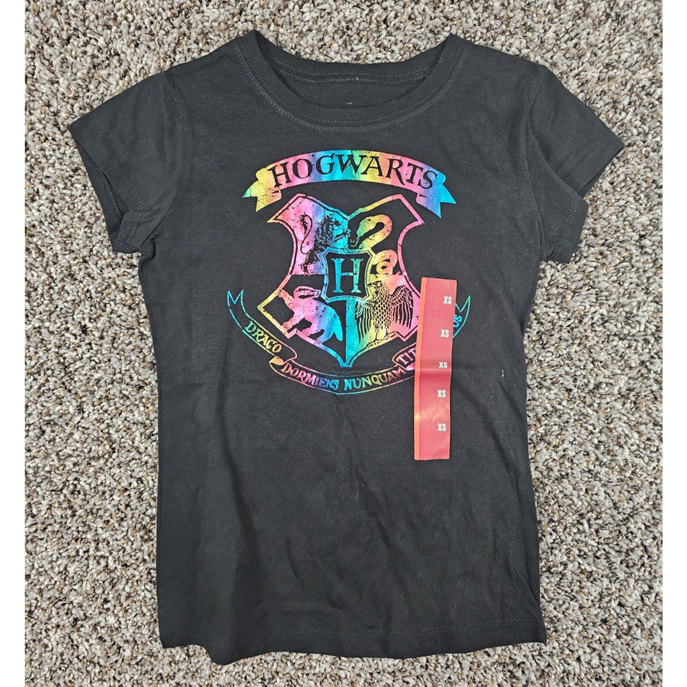Harry Potter Hogwarts Girls Sz XS Short Sleeve T Shirt Black Metallic NEW